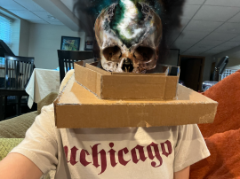 a photo of myself wearing a rough cardboard base of a Mensis Cage with my face covered